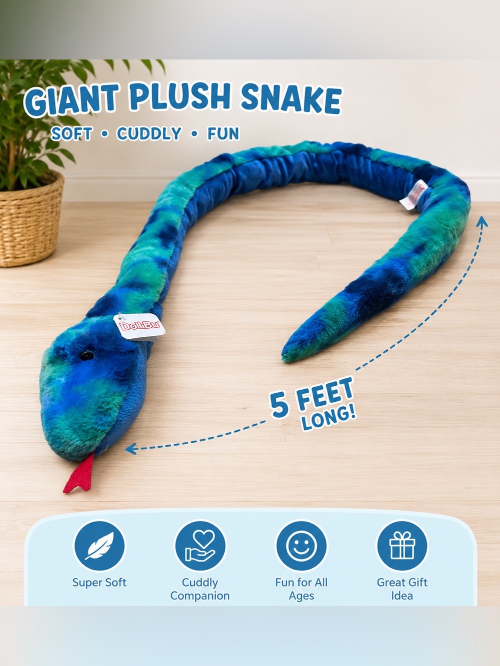 5 Ft Blue Green Plush Stuffed Snake Soft Bendable Jumbo Plush Toy DolliBu New